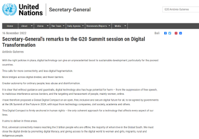 안토니오 구테흐스 UN 사무총장, G20에 글로벌 디지털 콤팩트 제안